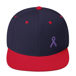 Cancer and Alzheimers Awareness Flat Brim Snapback Hat with Purple Ribbon - One-size / Navy/ Red - Hats