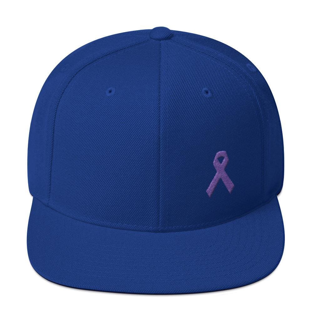 Cancer and Alzheimers Awareness Flat Brim Snapback Hat with Purple Ribbon - One-size / Royal Blue - Hats