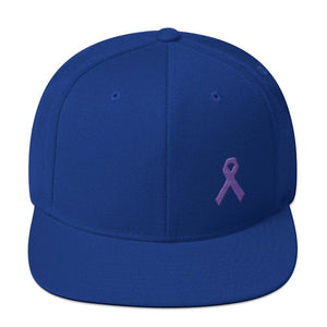 Cancer and Alzheimers Awareness Flat Brim Snapback Hat with Purple Ribbon - One-size / Royal Blue - Hats