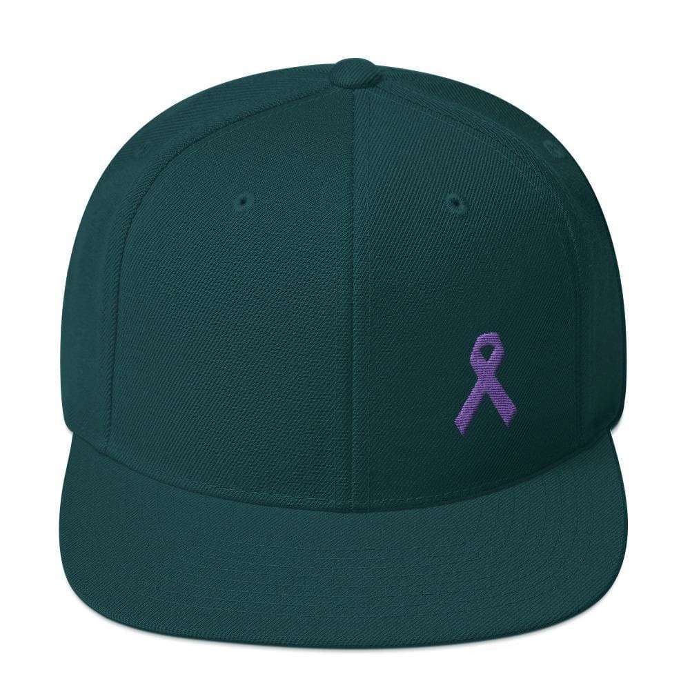 Cancer and Alzheimers Awareness Flat Brim Snapback Hat with Purple Ribbon - One-size / Spruce - Hats