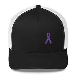 
            
                Load image into Gallery viewer, Cancer and Alzheimers Awareness Snapback Trucker Hat with Purple Ribbon - One-size / Black/ White - Hats
            
        