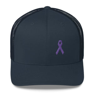Cancer and Alzheimers Awareness Snapback Trucker Hat with Purple Ribbon - One-size / Navy - Hats