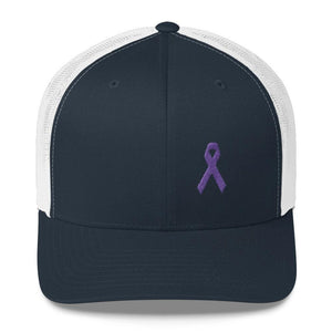 
            
                Load image into Gallery viewer, Cancer and Alzheimers Awareness Snapback Trucker Hat with Purple Ribbon - One-size / Navy/ White - Hats
            
        