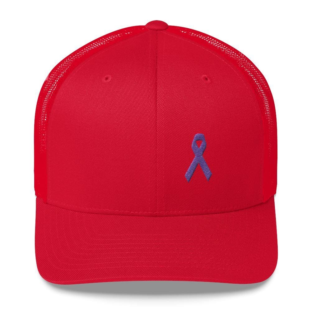 Cancer and Alzheimers Awareness Snapback Trucker Hat with Purple Ribbon - One-size / Red - Hats