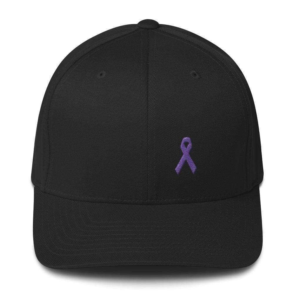 
            
                Load image into Gallery viewer, Cancer And Alzheimers Awareness Twill Flexfit Fitted Hat With Purple Ribbon - S/m / Black - Hats
            
        