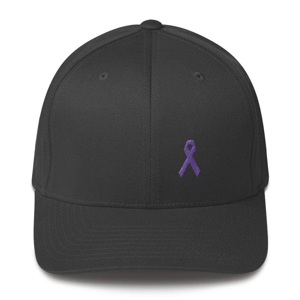 
            
                Load image into Gallery viewer, Cancer And Alzheimers Awareness Twill Flexfit Fitted Hat With Purple Ribbon - S/m / Dark Grey - Hats
            
        