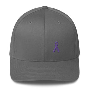 Cancer And Alzheimers Awareness Twill Flexfit Fitted Hat With Purple Ribbon - S/m / Grey - Hats