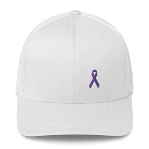 
            
                Load image into Gallery viewer, Cancer And Alzheimers Awareness Twill Flexfit Fitted Hat With Purple Ribbon - S/m / White - Hats
            
        