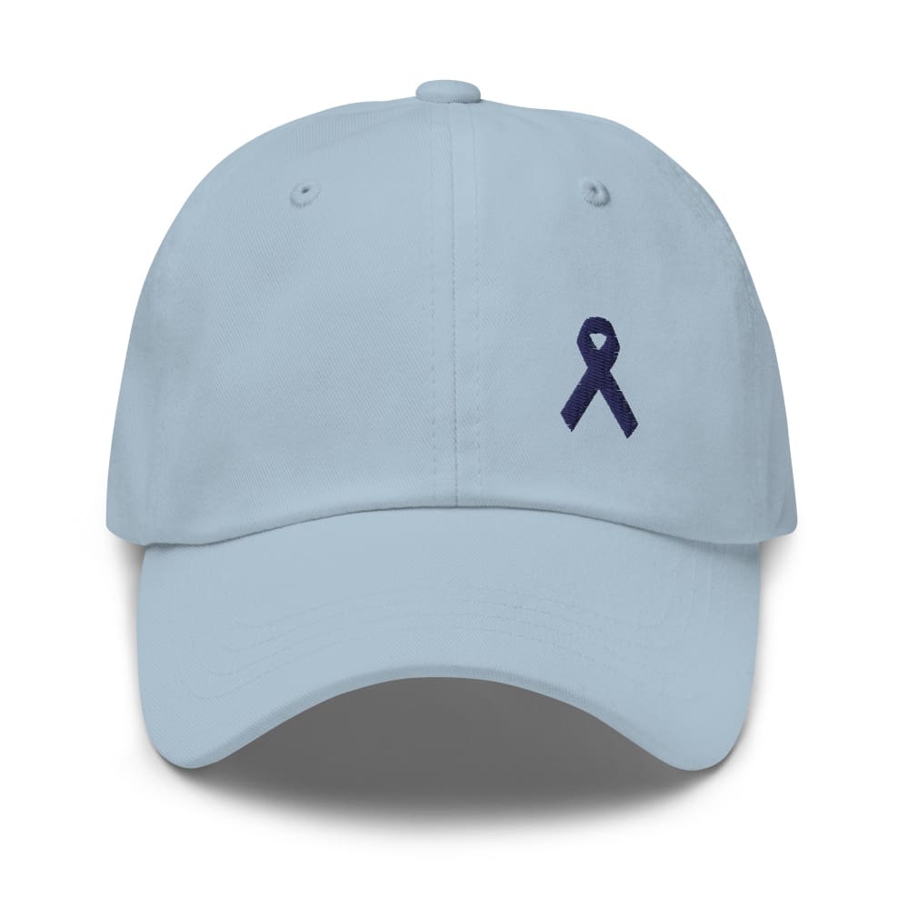 
            
                Load image into Gallery viewer, Colon Cancer Awareness Dad Hat with Dark Blue Ribbon - Light Blue
            
        