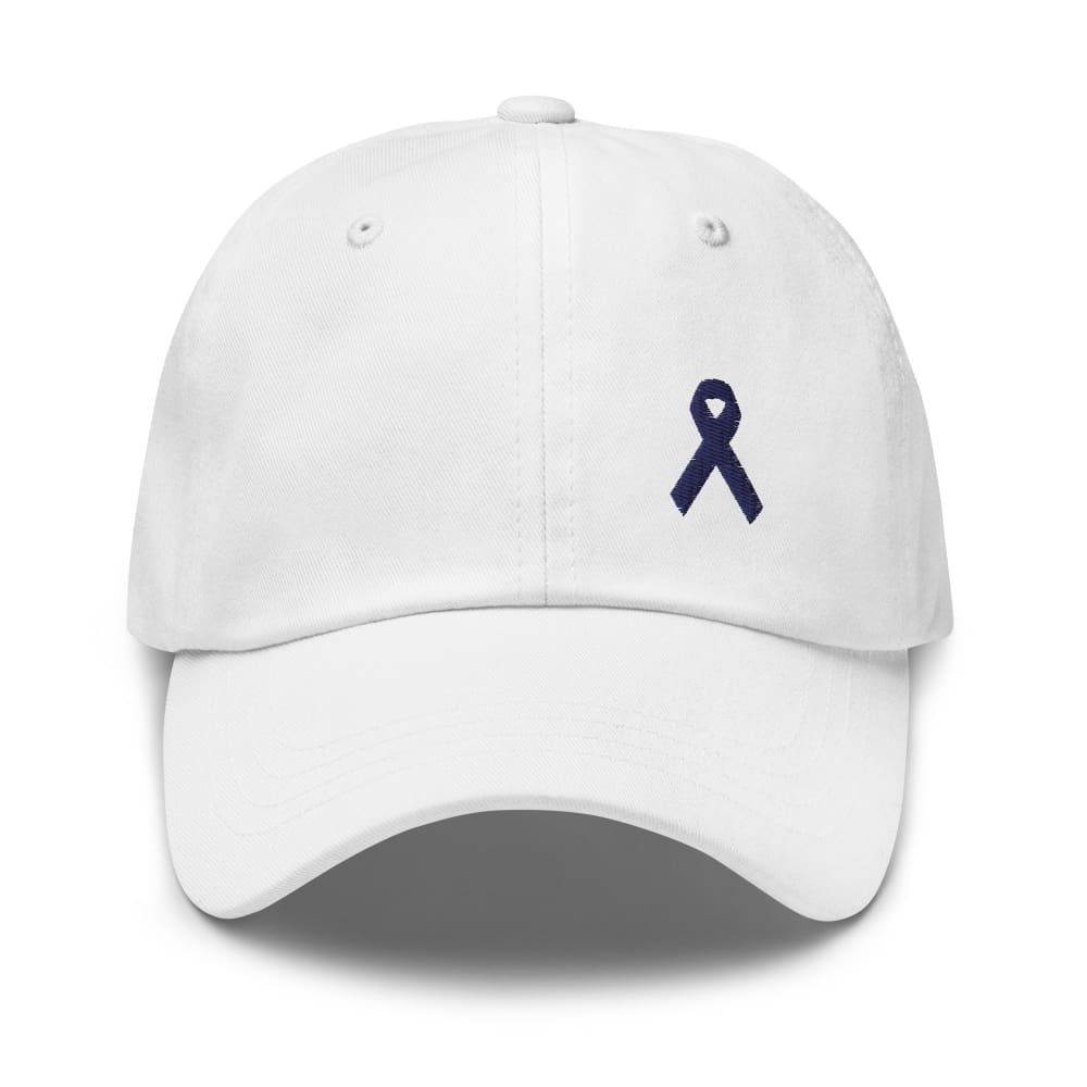 
            
                Load image into Gallery viewer, Colon Cancer Awareness Dad Hat with Dark Blue Ribbon - White
            
        