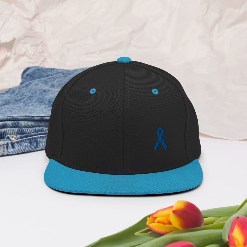 Colon Cancer Awareness Flat Brim Snapback Hat with Dark Blue Ribbon - Hats