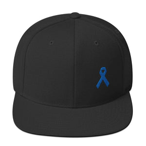 
            
                Load image into Gallery viewer, Colon Cancer Awareness Flat Brim Snapback Hat with Dark Blue Ribbon - One-size / Black - Hats
            
        