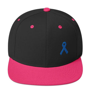 
            
                Load image into Gallery viewer, Colon Cancer Awareness Flat Brim Snapback Hat with Dark Blue Ribbon - One-size / Black/ Neon Pink - Hats
            
        