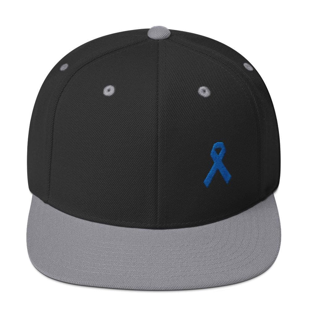 
            
                Load image into Gallery viewer, Colon Cancer Awareness Flat Brim Snapback Hat with Dark Blue Ribbon - One-size / Black/ Silver - Hats
            
        