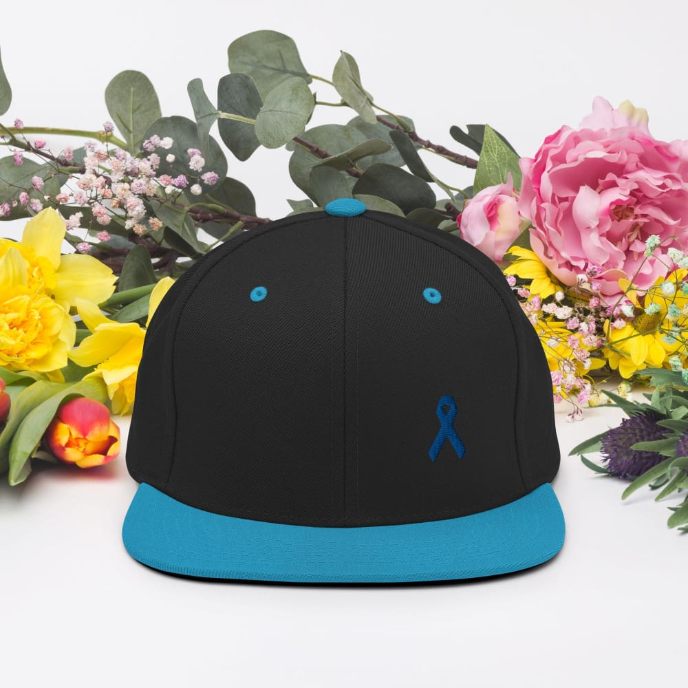 
            
                Load image into Gallery viewer, Colon Cancer Awareness Flat Brim Snapback Hat with Dark Blue Ribbon - One-size / Black/ Teal - Hats
            
        