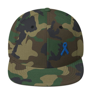 Colon Cancer Awareness Flat Brim Snapback Hat with Dark Blue Ribbon - One-size / Green Camo - Hats