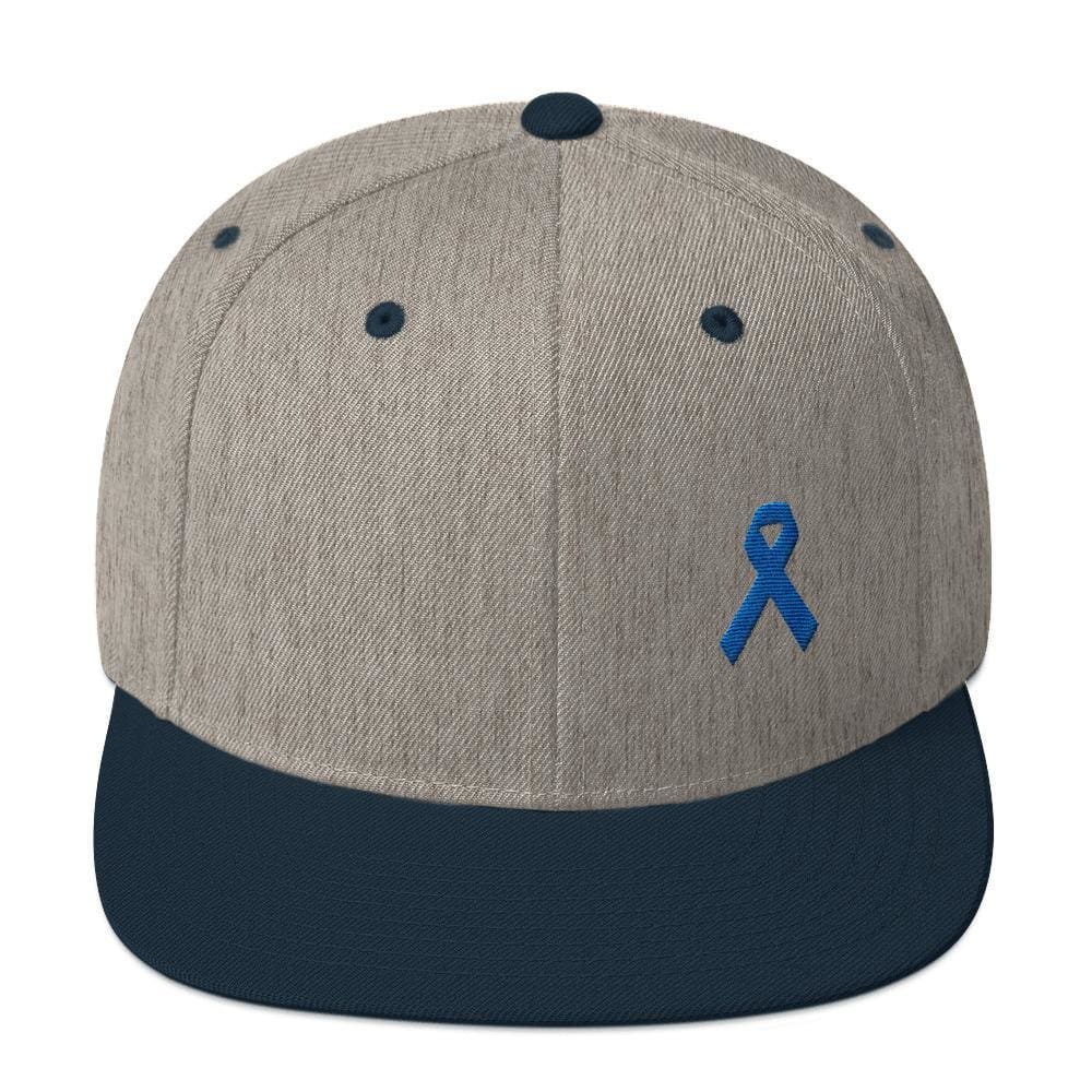 
            
                Load image into Gallery viewer, Colon Cancer Awareness Flat Brim Snapback Hat with Dark Blue Ribbon - One-size / Heather Grey/ Navy - Hats
            
        