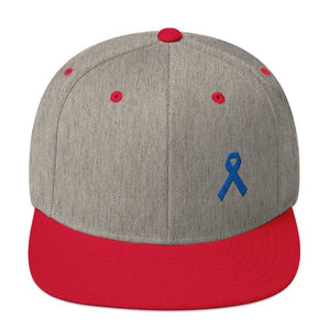 Colon Cancer Awareness Flat Brim Snapback Hat with Dark Blue Ribbon - One-size / Heather Grey/ Red - Hats