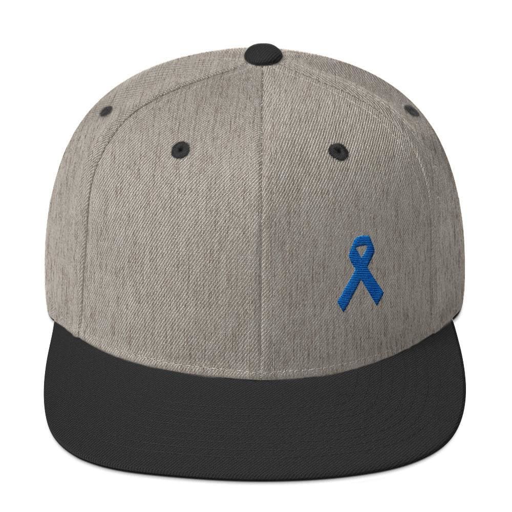 
            
                Load image into Gallery viewer, Colon Cancer Awareness Flat Brim Snapback Hat with Dark Blue Ribbon - One-size / Heather/Black - Hats
            
        