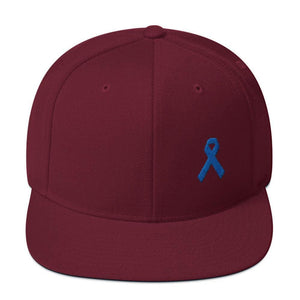 Colon Cancer Awareness Flat Brim Snapback Hat with Dark Blue Ribbon - One-size / Maroon - Hats