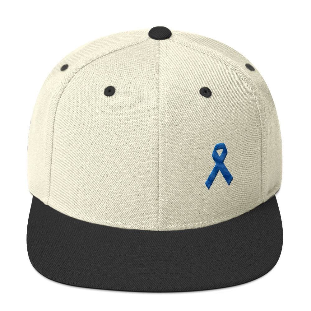 Colon Cancer Awareness Flat Brim Snapback Hat with Dark Blue Ribbon - One-size / Natural/ Black - Hats