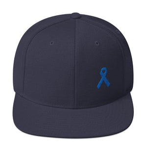 
            
                Load image into Gallery viewer, Colon Cancer Awareness Flat Brim Snapback Hat with Dark Blue Ribbon - One-size / Navy - Hats
            
        
