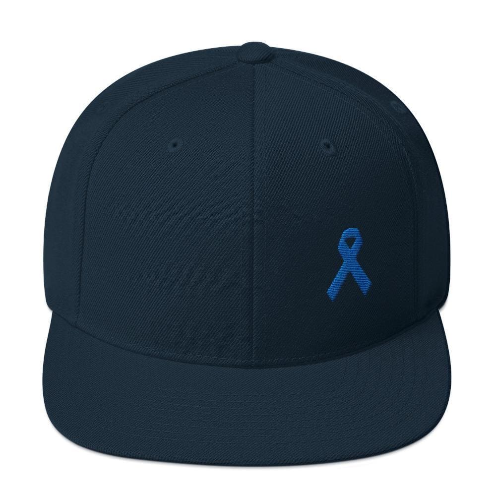 https://www.factgoods.com/cdn/shop/products/colon-cancer-awareness-flat-brim-snapback-hat-with-dark-blue-ribbon-one-size-navy-fact-goods_722_1000x1000.jpg?v=1585688947