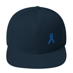 Colon Cancer Awareness Flat Brim Snapback Hat with Dark Blue Ribbon