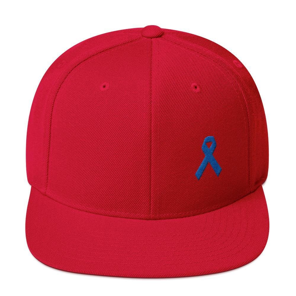 
            
                Load image into Gallery viewer, Colon Cancer Awareness Flat Brim Snapback Hat with Dark Blue Ribbon - One-size / Red - Hats
            
        