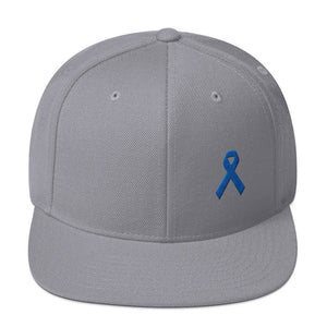 
            
                Load image into Gallery viewer, Colon Cancer Awareness Flat Brim Snapback Hat with Dark Blue Ribbon - One-size / Silver - Hats
            
        