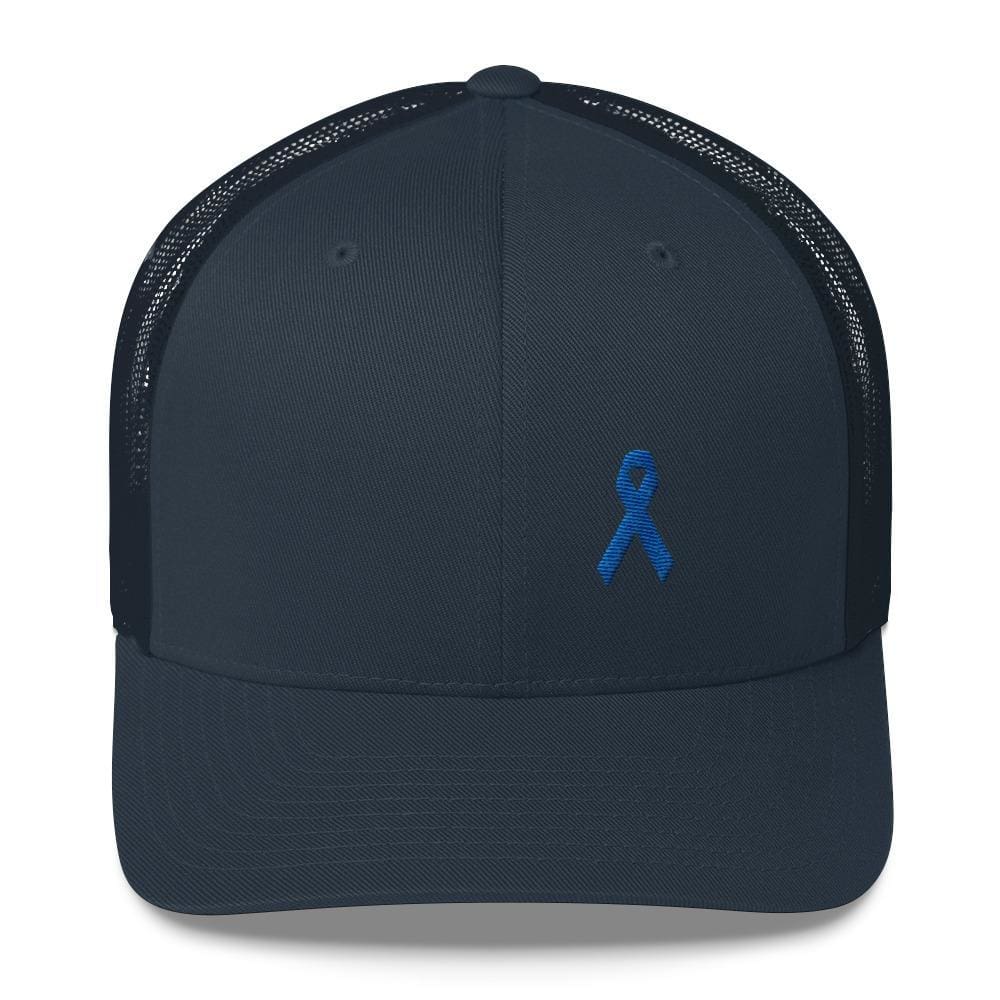 
            
                Load image into Gallery viewer, Colon Cancer Awareness Snapback Trucker Hat with Dark Blue Ribbon - One-size / Navy - Hats
            
        
