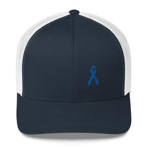 
            
                Load image into Gallery viewer, Colon Cancer Awareness Snapback Trucker Hat with Dark Blue Ribbon - One-size / Navy/ White - Hats
            
        