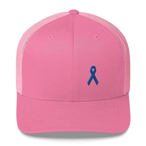 Colon Cancer Awareness Snapback Trucker Hat with Dark Blue Ribbon - One-size / Pink - Hats