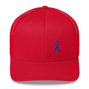 Colon Cancer Awareness Snapback Trucker Hat with Dark Blue Ribbon - One-size / Red - Hats