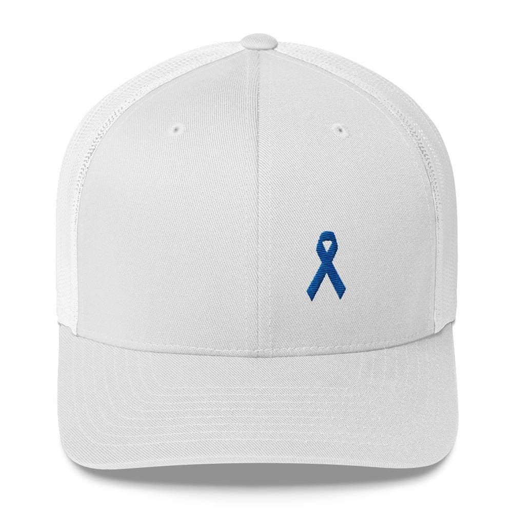 Colon Cancer Awareness Snapback Trucker Hat with Dark Blue Ribbon - One-size / White - Hats