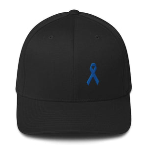 Colon Cancer Awareness Twill Flexfit Fitted Hat With Dark Blue Ribbon - S/m / Black - Hats