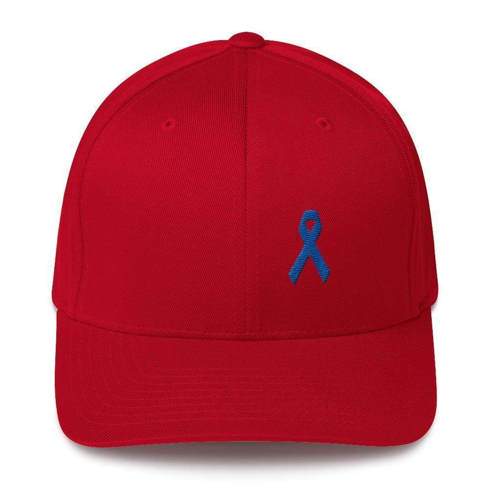 Colon Cancer Awareness Twill Flexfit Fitted Hat With Dark Blue Ribbon - S/m / Red - Hats