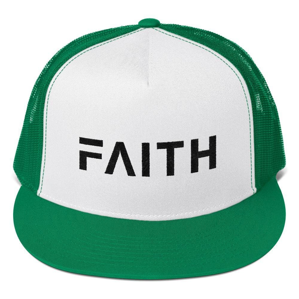 
            
                Load image into Gallery viewer, FAITH 5-Panel Christian Snapback Trucker Hat Embroidered in Black Thread - One-size / Kelly Green - Hats
            
        