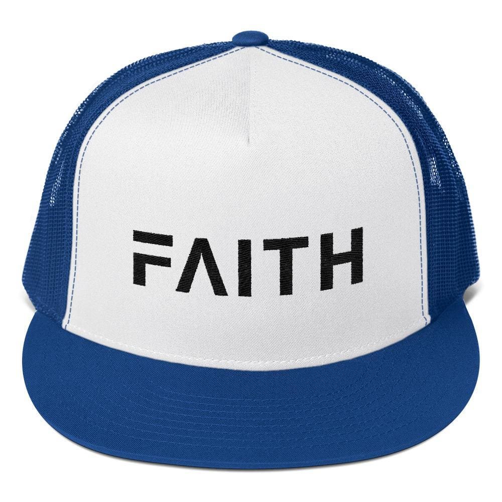 
            
                Load image into Gallery viewer, FAITH 5-Panel Christian Snapback Trucker Hat Embroidered in Black Thread - One-size / Royal Blue - Hats
            
        