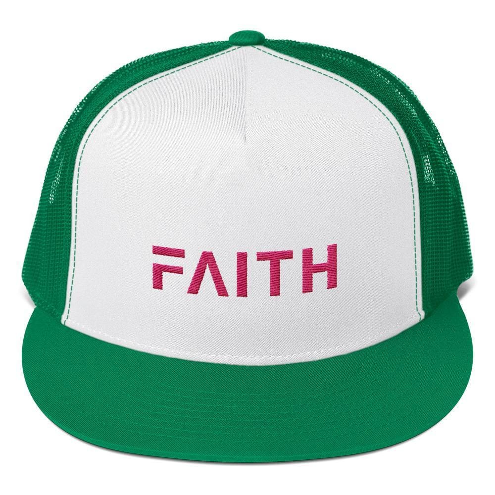 FAITH 5-Panel Christian Snapback Trucker Hat Embroidered in Pink Thread - One-size / Kelly Green - Hats