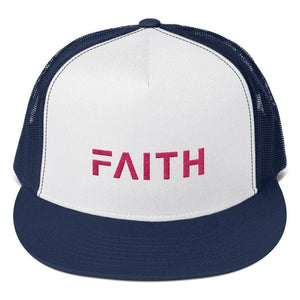 
            
                Load image into Gallery viewer, FAITH 5-Panel Christian Snapback Trucker Hat Embroidered in Pink Thread - One-size / Navy - Hats
            
        