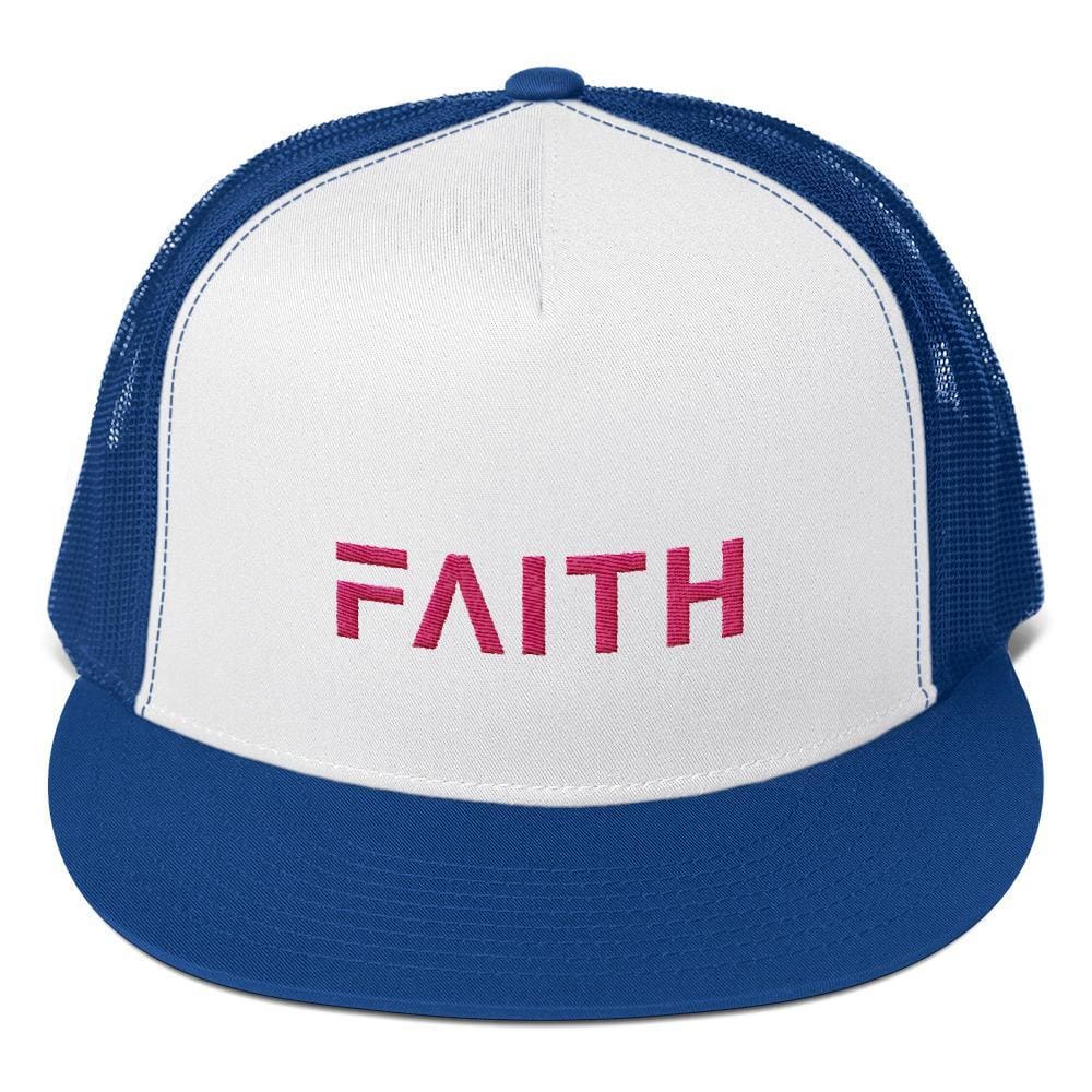 FAITH 5-Panel Christian Snapback Trucker Hat Embroidered in Pink Thread - One-size / Royal Blue - Hats