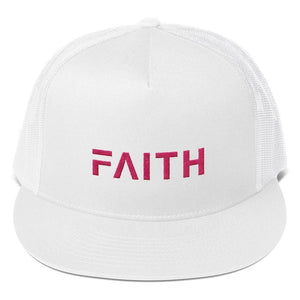 
            
                Load image into Gallery viewer, FAITH 5-Panel Christian Snapback Trucker Hat Embroidered in Pink Thread - One-size / White - Hats
            
        
