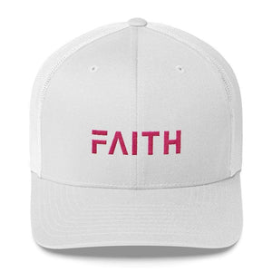 
            
                Load image into Gallery viewer, Faith Christian Snapback Trucker Hat Embroidered In Pink Thread - One-Size / White - Hats
            
        
