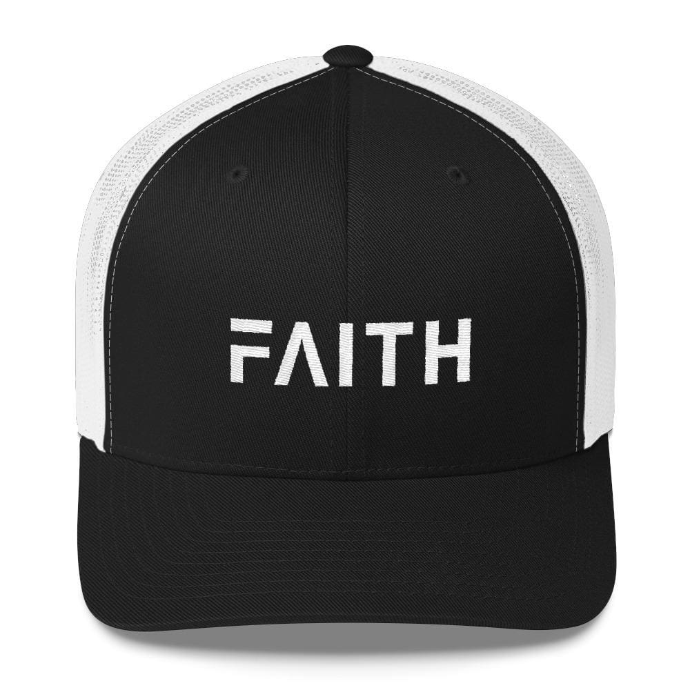 FAITH Christian Snapback Trucker Hat Embroidered in White Thread - One-size / Black and White - Hats