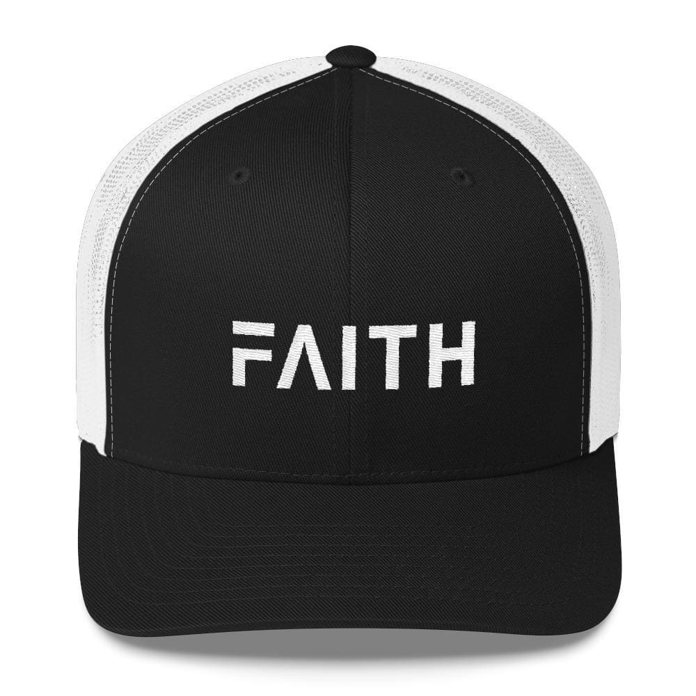 
            
                Load image into Gallery viewer, FAITH Christian Snapback Trucker Hat Embroidered in White Thread - One-size / Black and White - Hats
            
        
