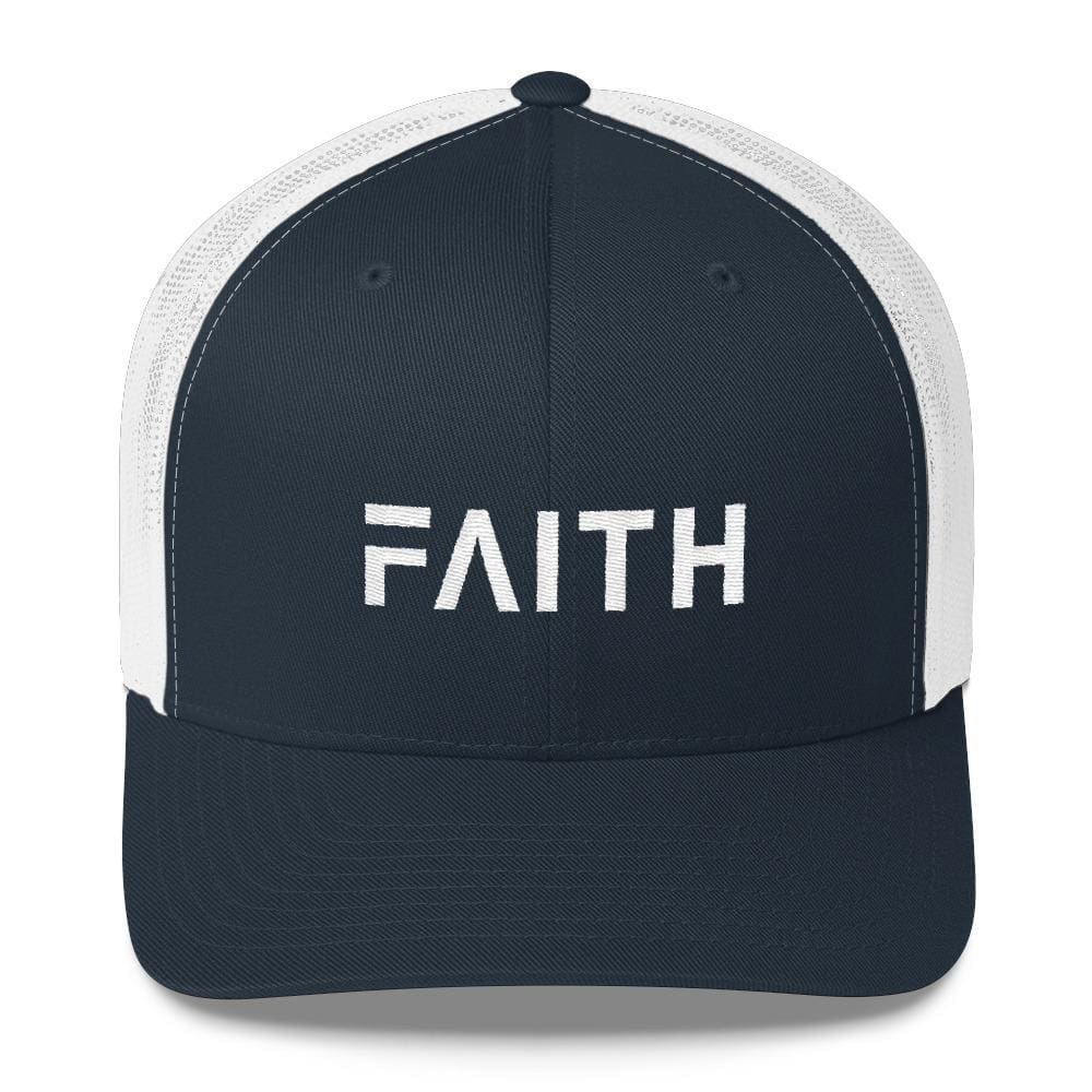 
            
                Load image into Gallery viewer, FAITH Christian Snapback Trucker Hat Embroidered in White Thread - One-size / Navy and White - Hats
            
        