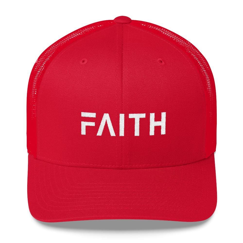 FAITH Christian Snapback Trucker Hat Embroidered in White Thread - One-size / Red - Hats