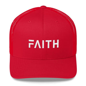 
            
                Load image into Gallery viewer, FAITH Christian Snapback Trucker Hat Embroidered in White Thread - One-size / Red - Hats
            
        