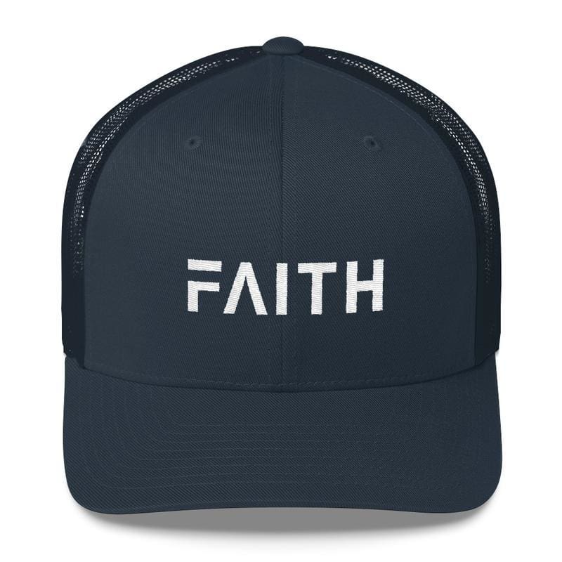 FAITH Christian Snapback Trucker Hat Embroidered with White Thread - Navy - Hats